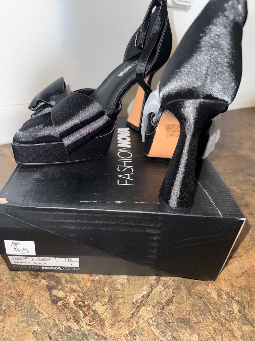 Fashion Nova Black Satin Platform Bow Heels with Ankle Strap